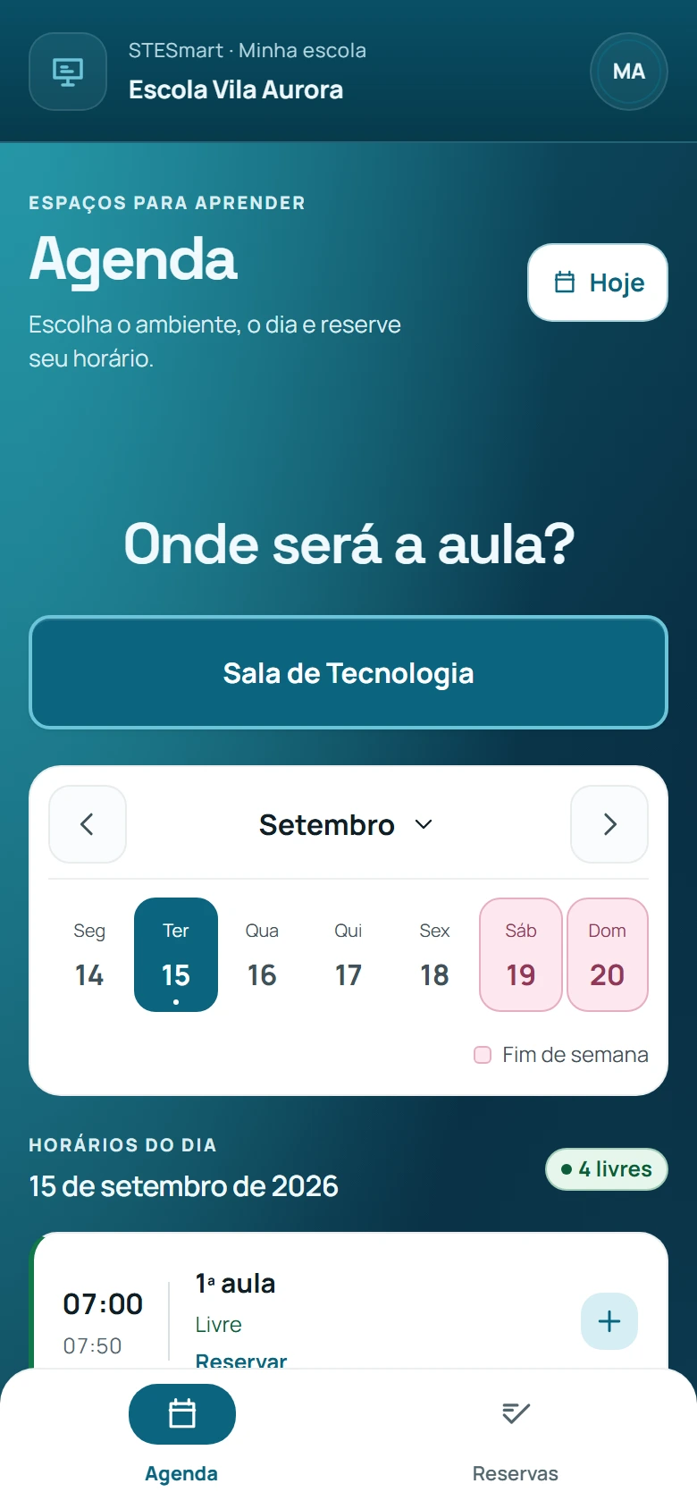 A mesma agenda na interface atual para celular, com os horários do dia.