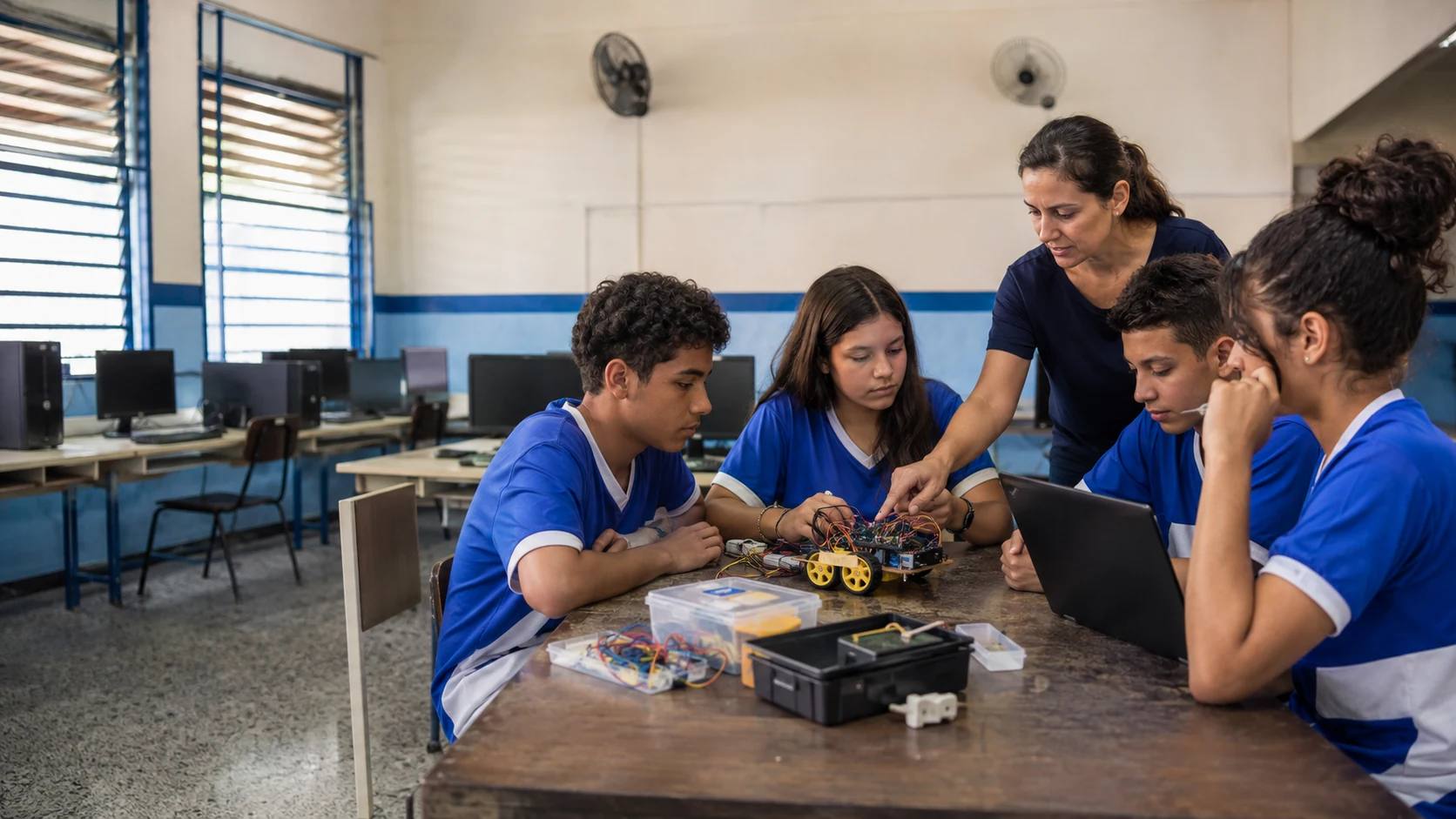 Estudantes de uniforme azul colaborando em uma atividade de robótica com orientação da professora.