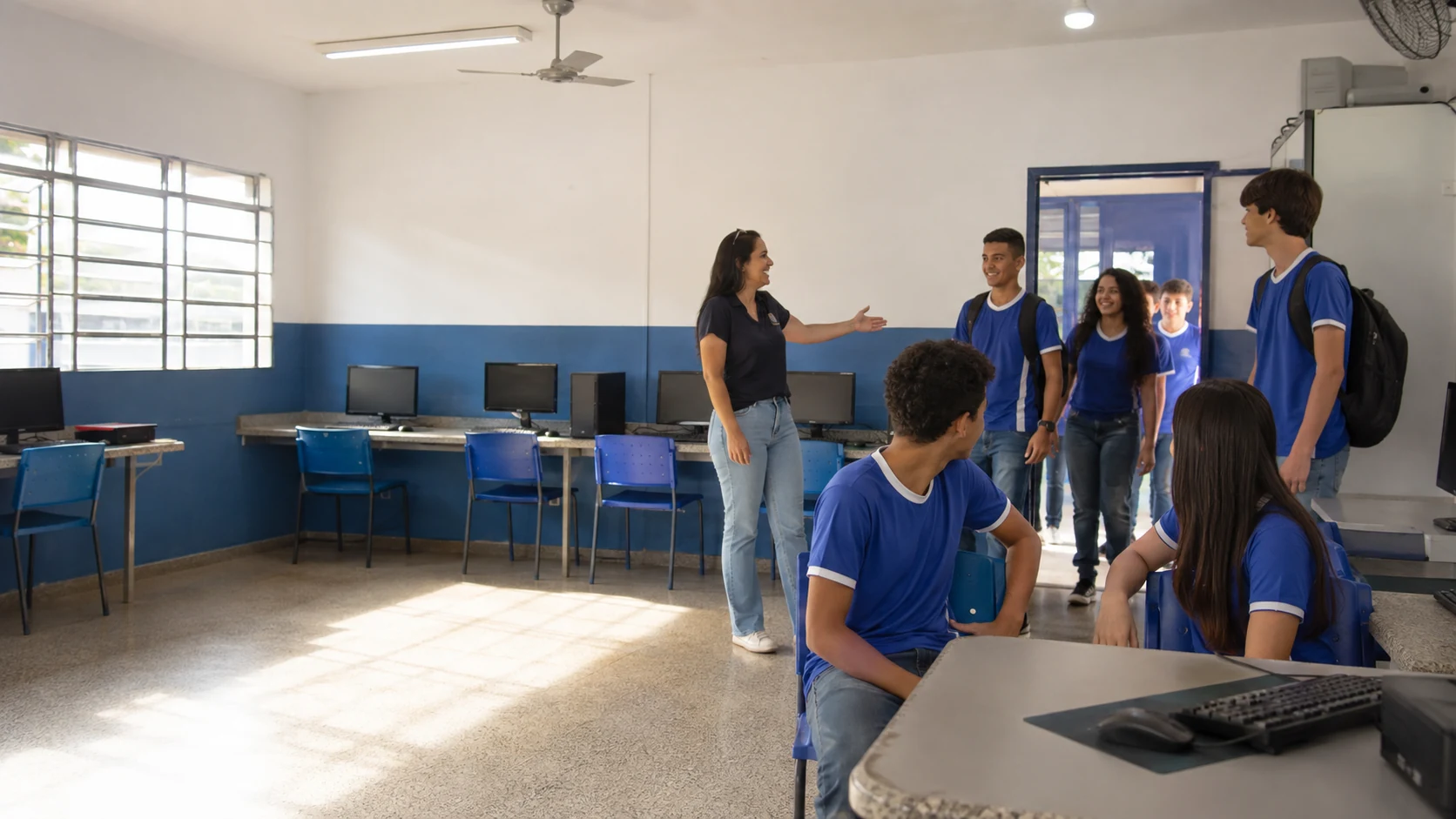 Professora recebendo estudantes de uniforme azul em uma Sala de Tecnologia de escola pública de Mato Grosso do Sul.