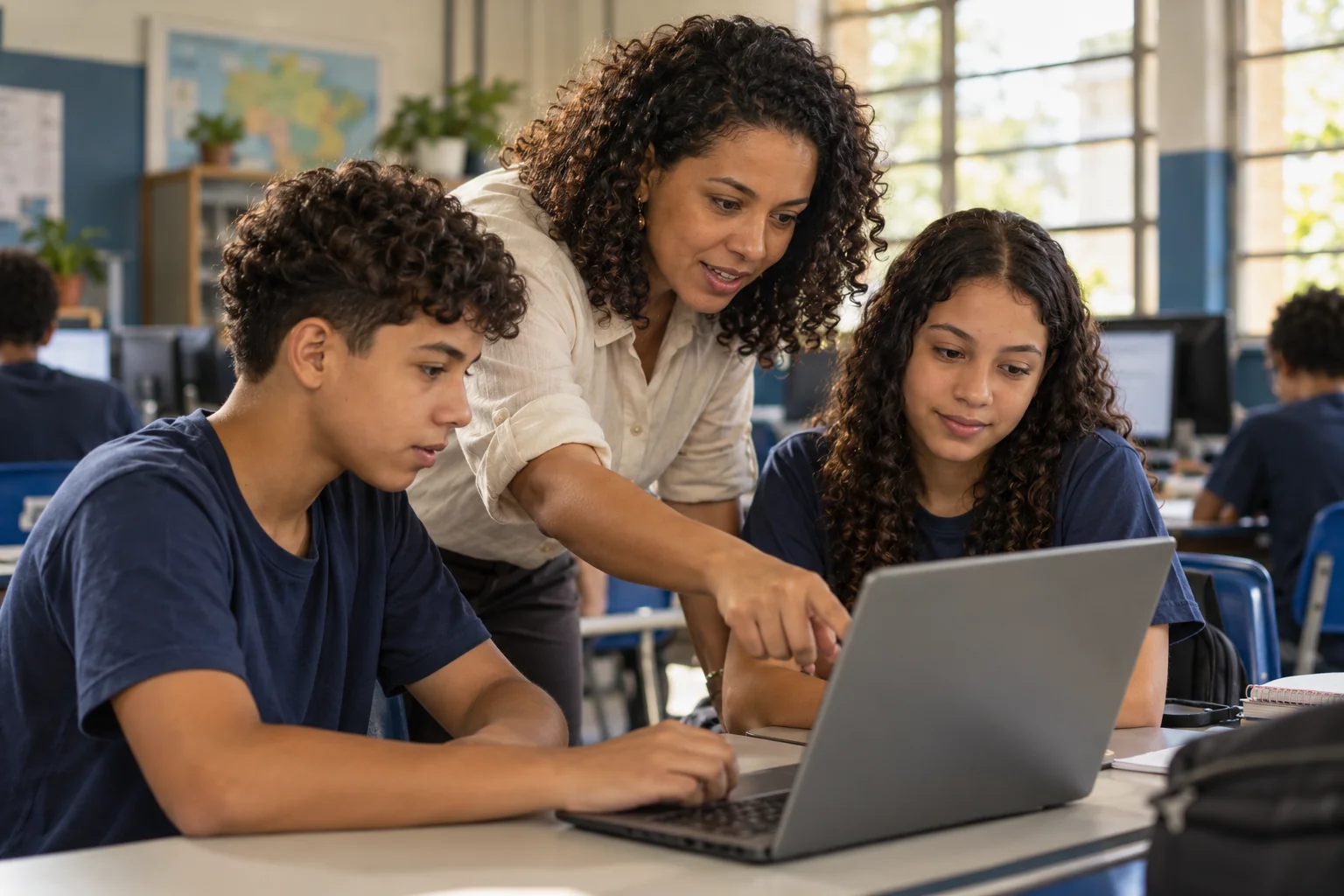 Cena ilustrativa de uma professora orientando estudantes em uma atividade com computador.