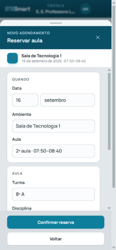Formulário real de reserva do STESmart no celular, preenchido com dados fictícios.