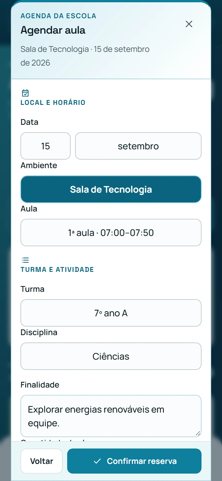 Reserva real pelo celular: ambiente, data, horário, turma e disciplina.